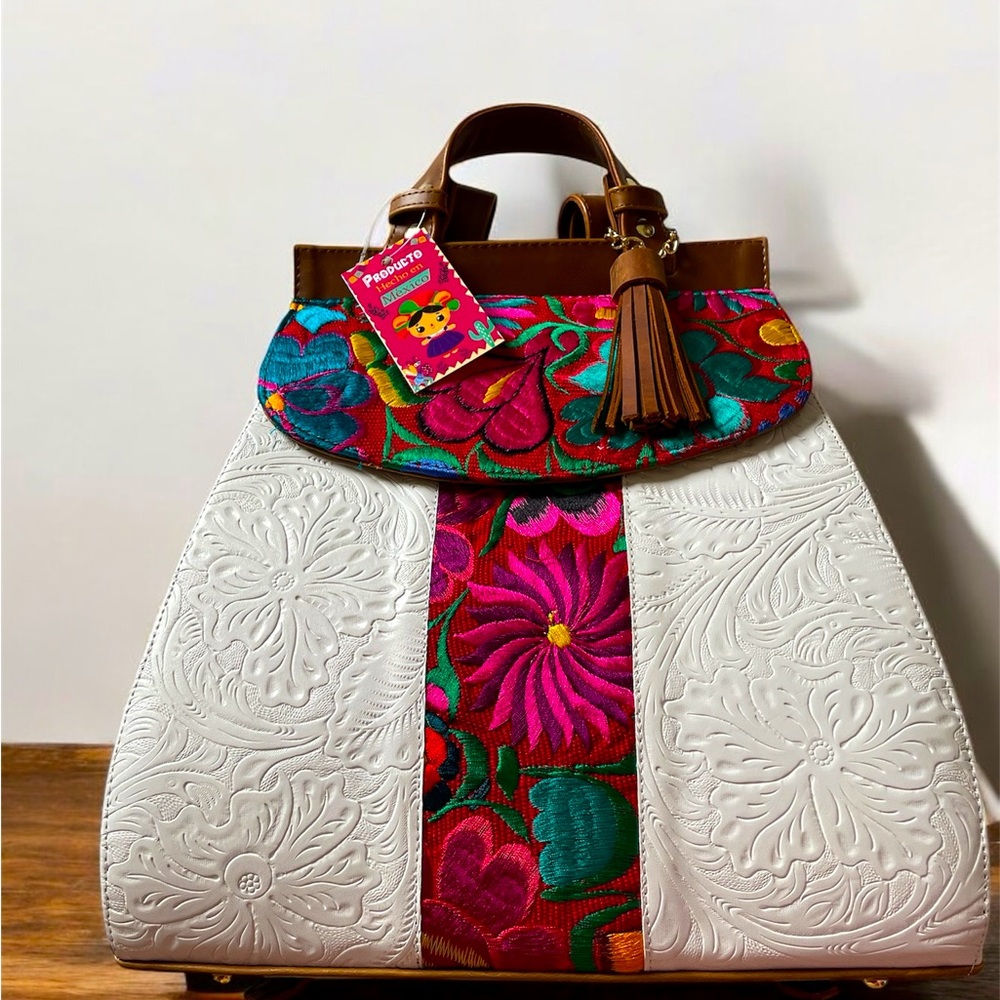 White Vegan Backpack, White backpack, Embroidered Backpack, Floral Backpack - Picture 3 of 10